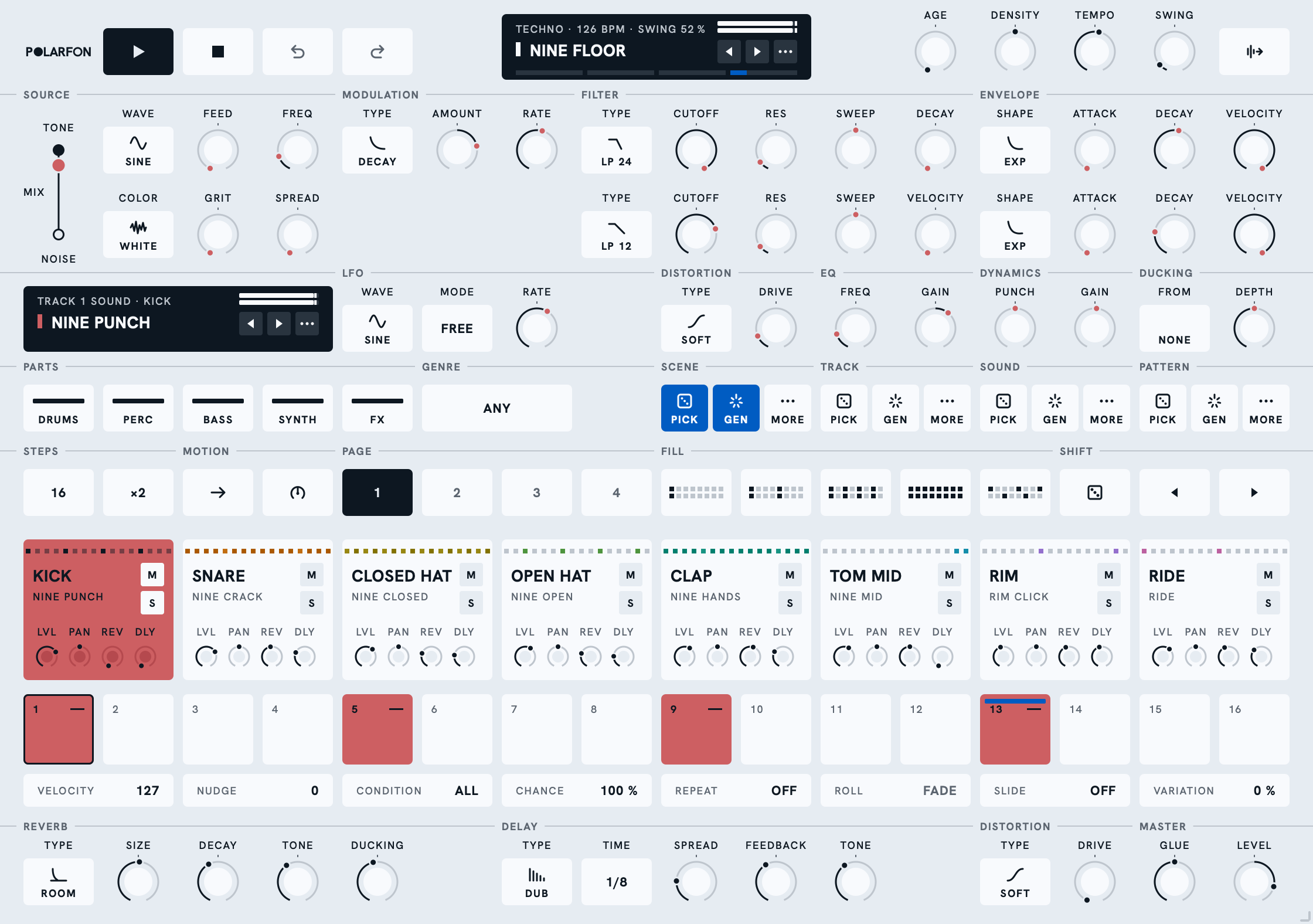 Drum's panel: the header, the sound of the selected track, the keys that write a scene, eight pads, sixteen steps, and a reverb, a delay and a master stage.